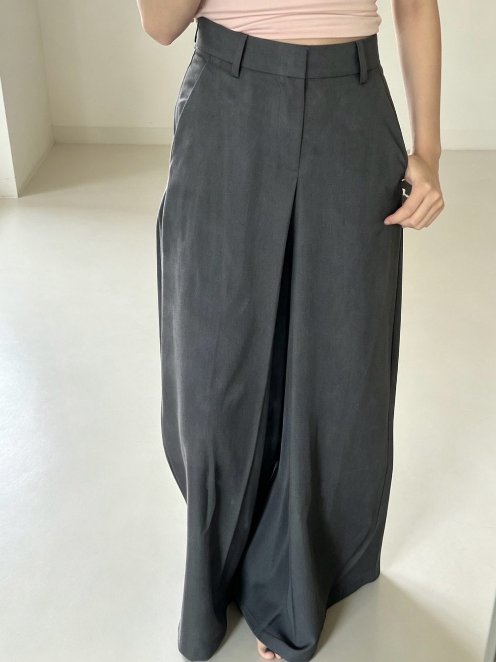 High-Waist Maxi Skirt with Front Pleat in Charcoal